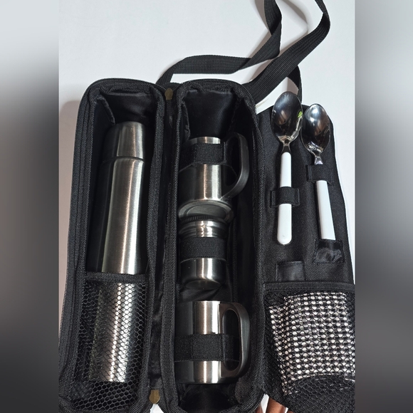 NEW Picnic At Ascot Black Canvas Tote With Stainless Coffee Thermos, 2 Cups - Picture 1 of 9